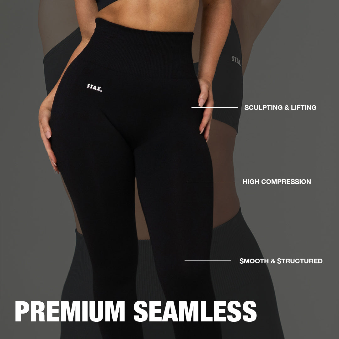 Premium Seamless Fabric Technology - sculpting and lifting high Compression - Close up of seamless black tights 