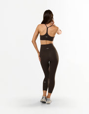 Back view of STAX. NFS (No Front Seam) 7/8 Tights NANDEX™ in Espresso showing matching sports bra with flattering thin strap design
