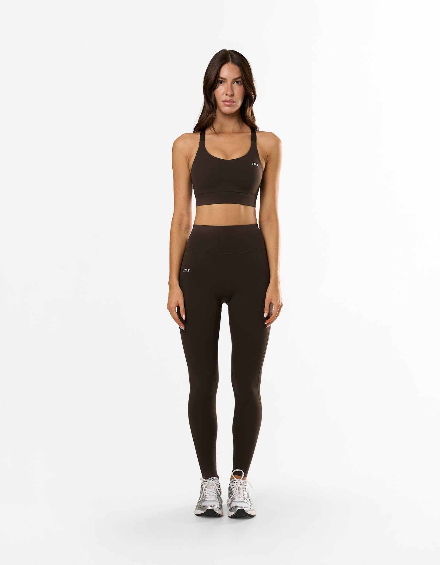 Front view of model wearing STAX. NFS (No Front Seam) Full Length Tights NANDEX™ in Espresso perfect for working out or a leisurely walk