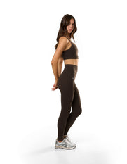 Side profile of STAX. NFS (No Front Seam) Full Length Tights NANDEX™ in Espresso showing flattering high waist design