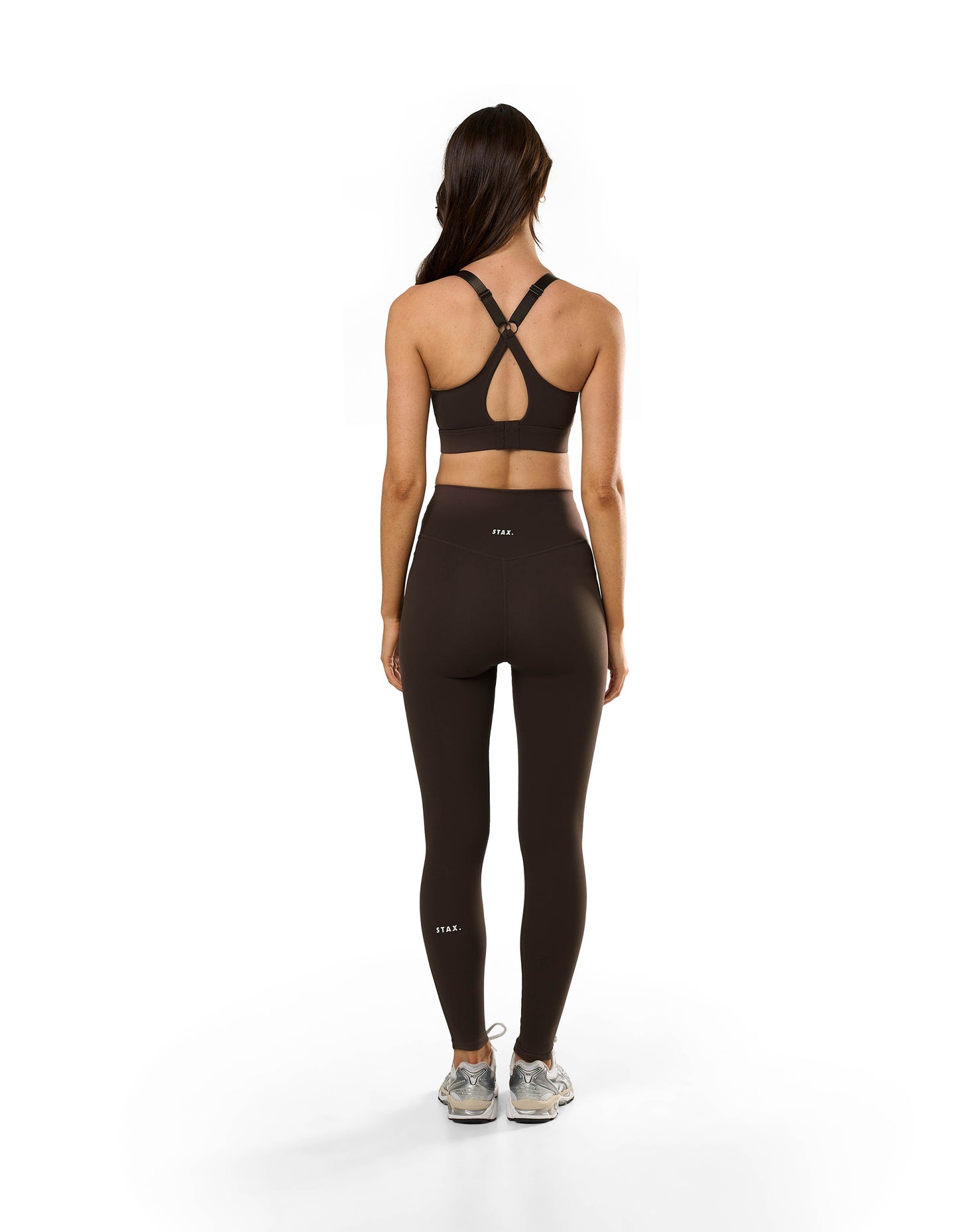 Back view of STAX. NFS (No Front Seam) Full Length Tights NANDEX™ in Espresso showing small white logo