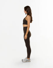 Side profile of STAX. NFS (No Front Seam) Full Length Tights NANDEX™ in Espresso perfect for relaxing, yoga and Pilates 