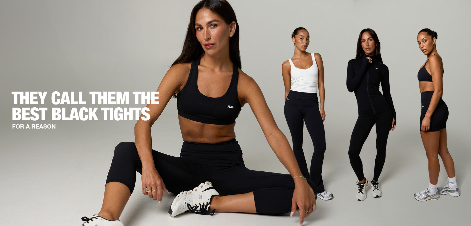 STAX. Best Sellers - Models wearing black  and white activewear sets - Shop Your Favourite Styles 