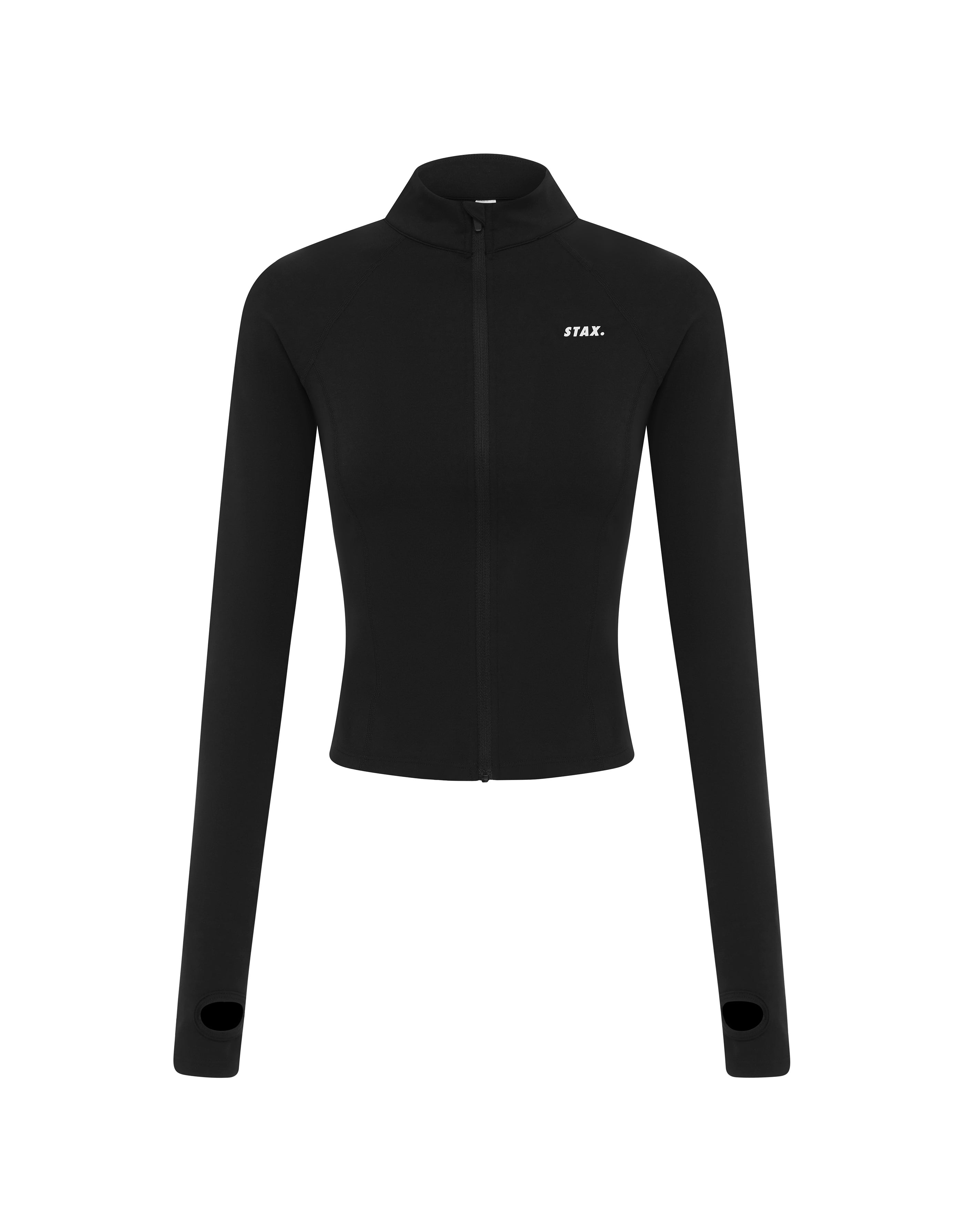 Flat lay front view of STAX. Active Zip Jacket in Black isolated on a white background  