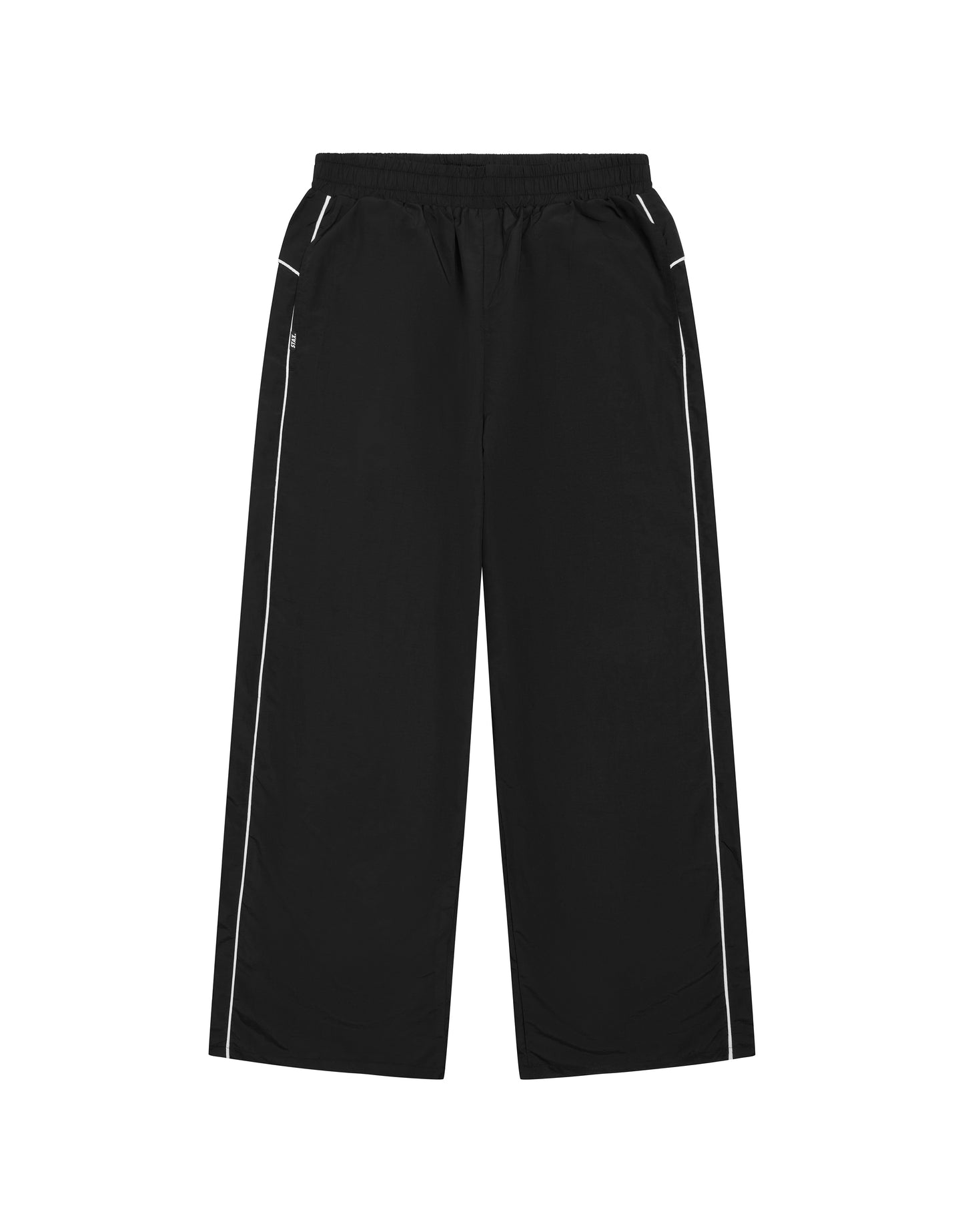 Flat lay front view of STAX. Woven Track Pants in Black