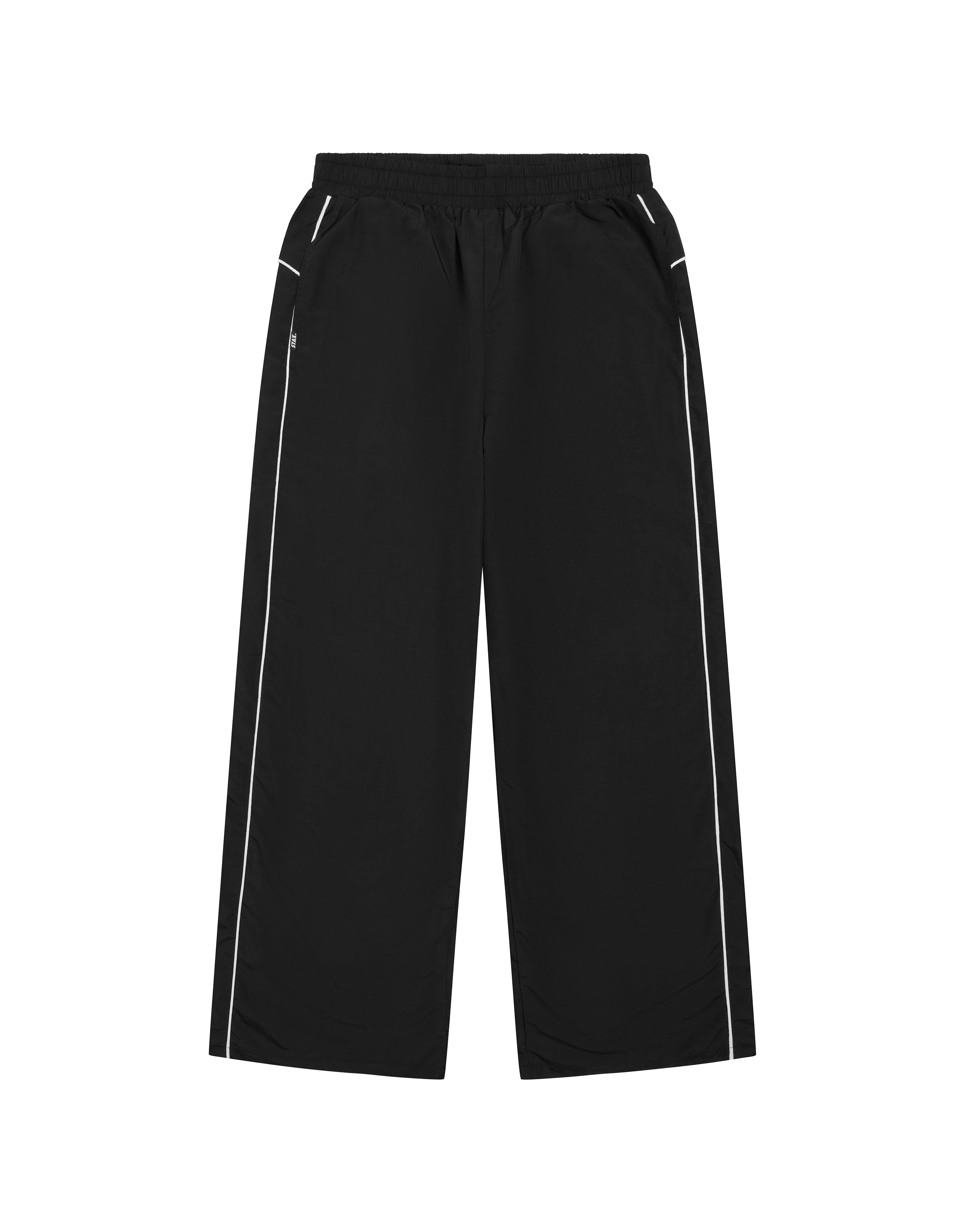 Flat lay front view of STAX. Woven Track Pants in Black