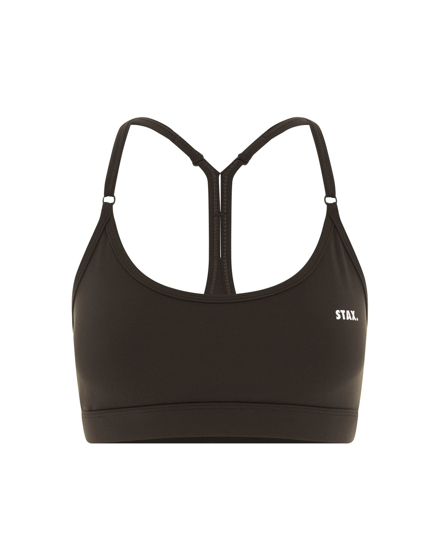 Flat lay front view of STAX. Strappy Crop NANDEX™ in Espresso isolated on a white background  