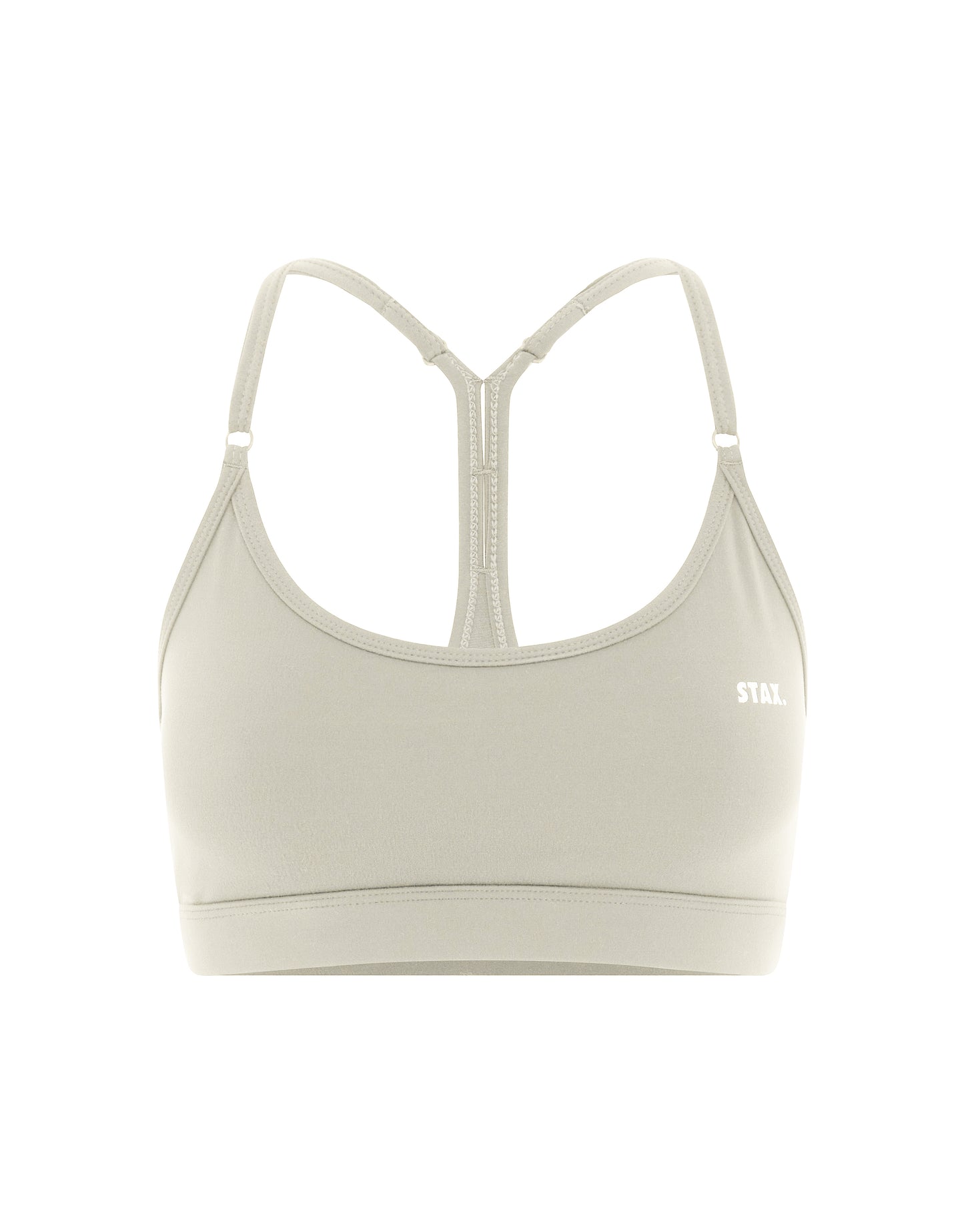 Flat lay front view of STAX. Strappy Crop NANDEX™ in Oat isolated on a white background