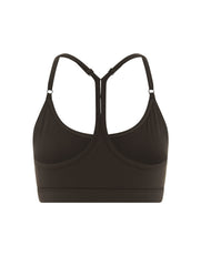 Flat lay back view of STAX. Strappy Crop NANDEX™ in Espresso showing small white logo 