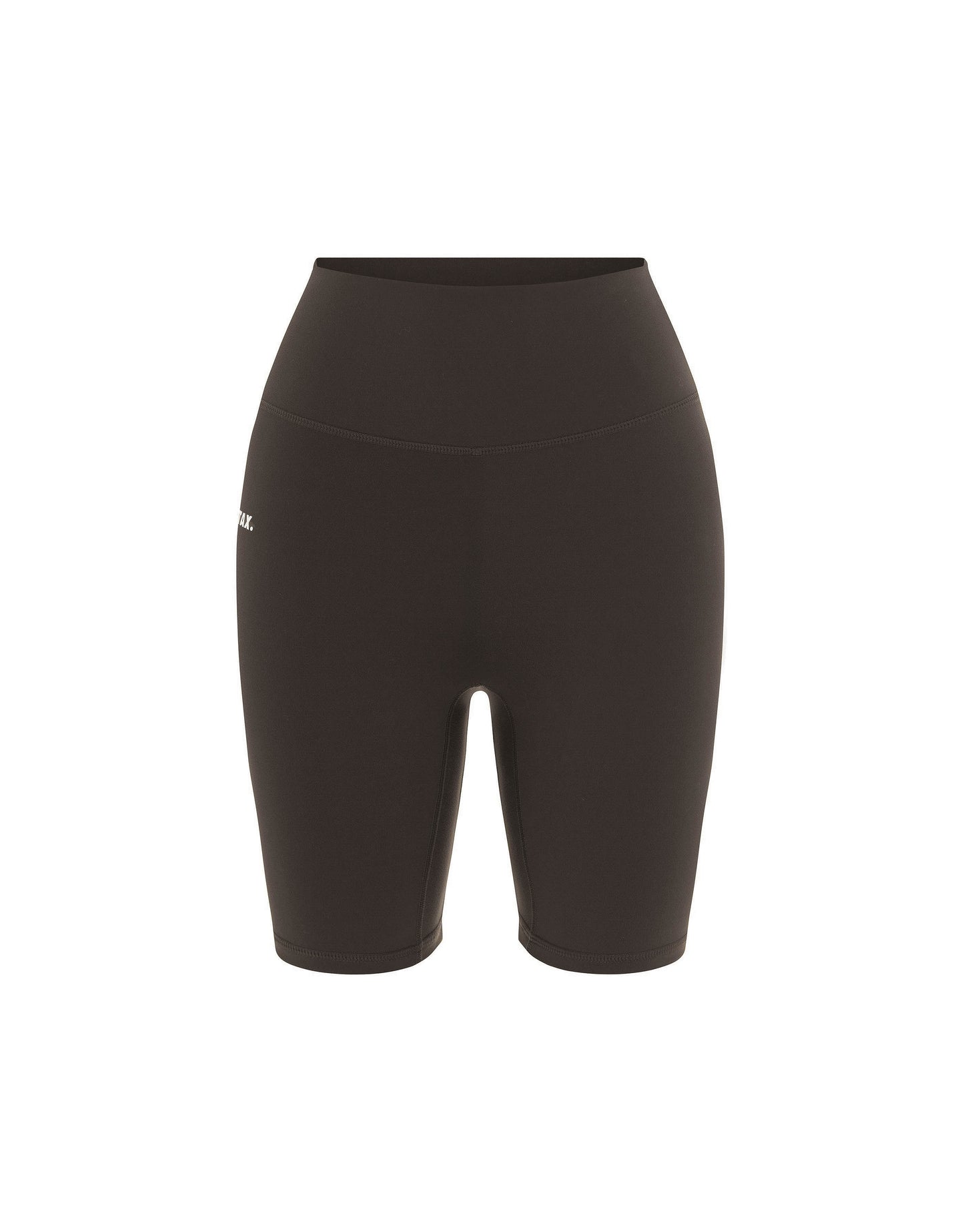 Flat lay front view of STAX. NFS (No Front Seam) Midi Bike Shorts NANDEX™ in Espresso isolated on a white background  