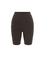 Flat lay front view of STAX. NFS (No Front Seam) Midi Bike Shorts NANDEX™ in Espresso isolated on a white background  