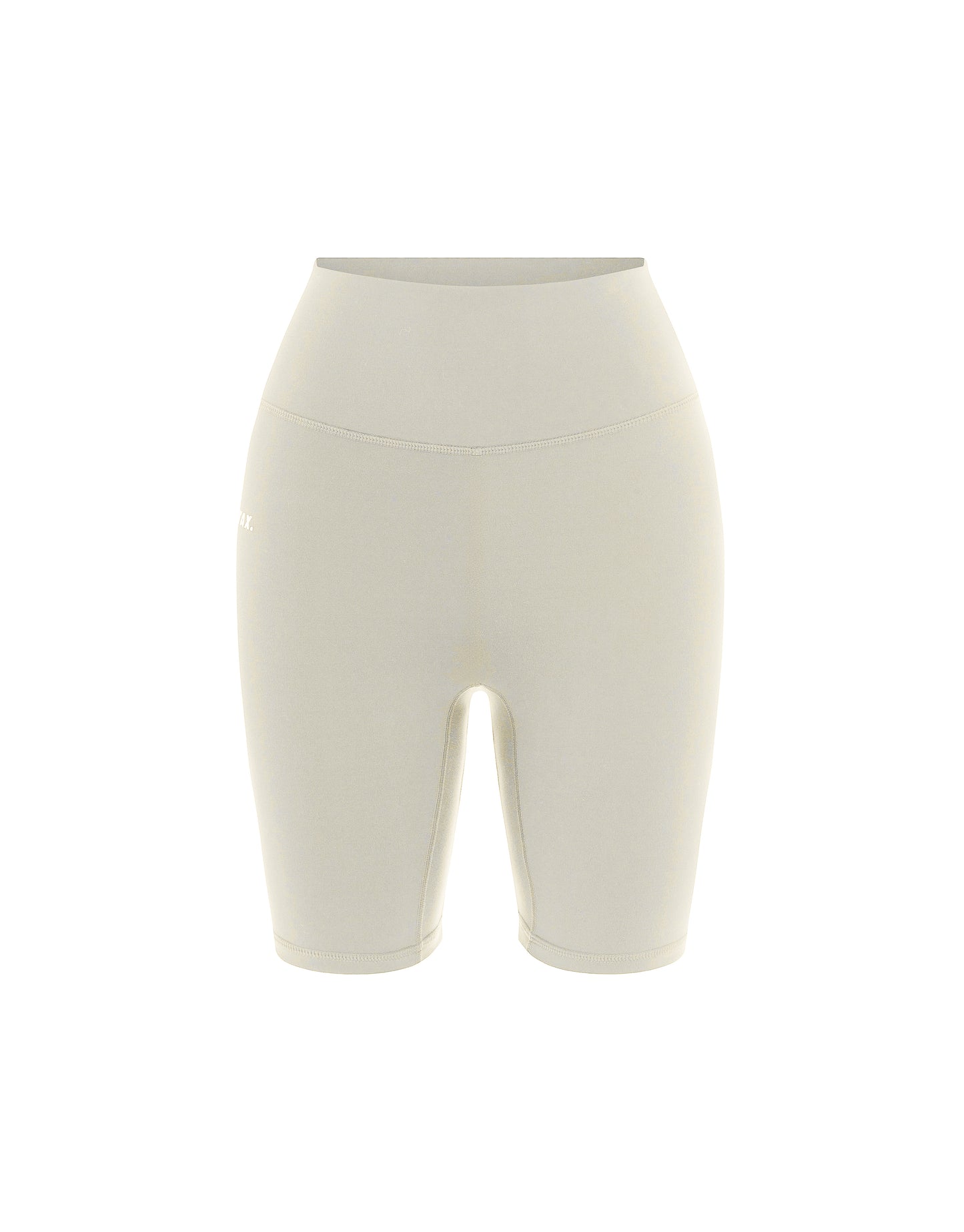 Flat lay front view of STAX. NFS Midi Bike Shorts NANDEX™ in Oat isolated on a white background  