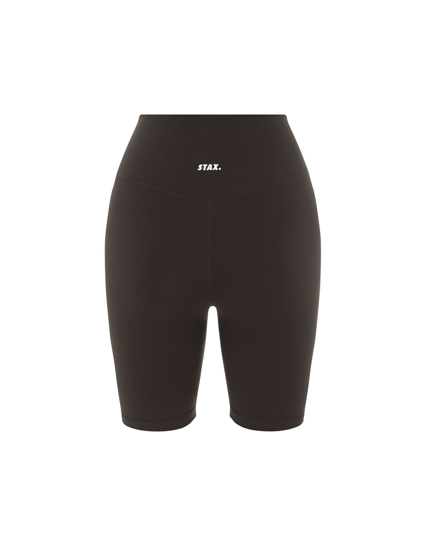 Flat lay back view of STAX. NFS (No Front Seam) Midi Bike Shorts NANDEX™ in Espresso showing small white logo 