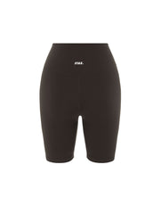 Flat lay back view of STAX. NFS (No Front Seam) Midi Bike Shorts NANDEX™ in Espresso showing small white logo 