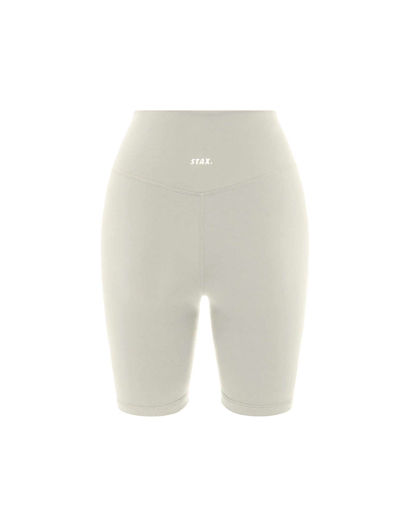 Flat lay back view of STAX. NFS Midi Bike Shorts NANDEX™ in Oat showing small white logo 