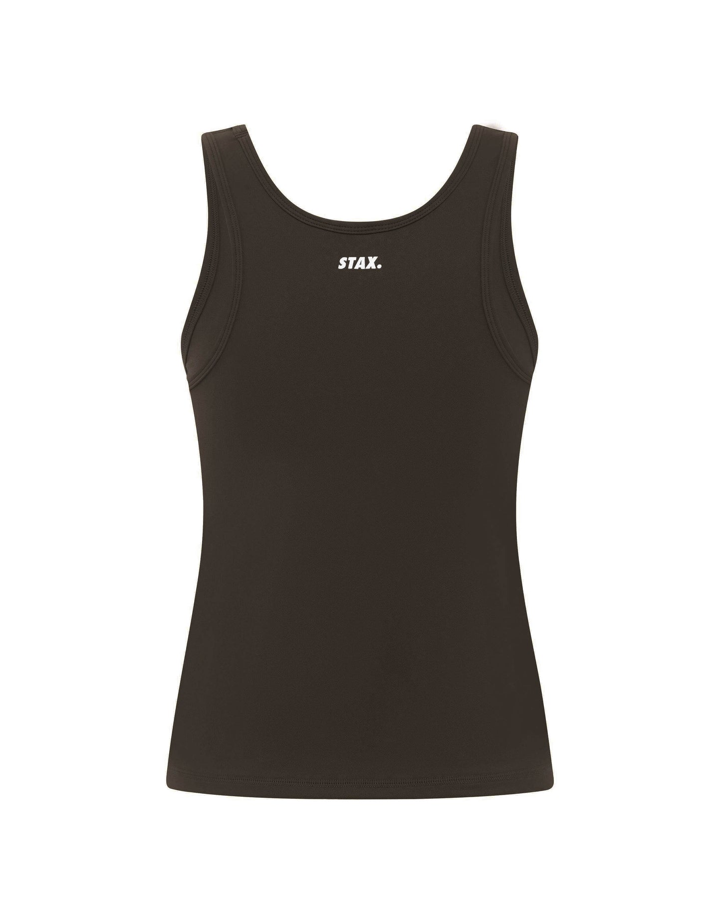 Flat lay back view of STAX. Body Tank NANDEX™ in Espresso showing small white logo 