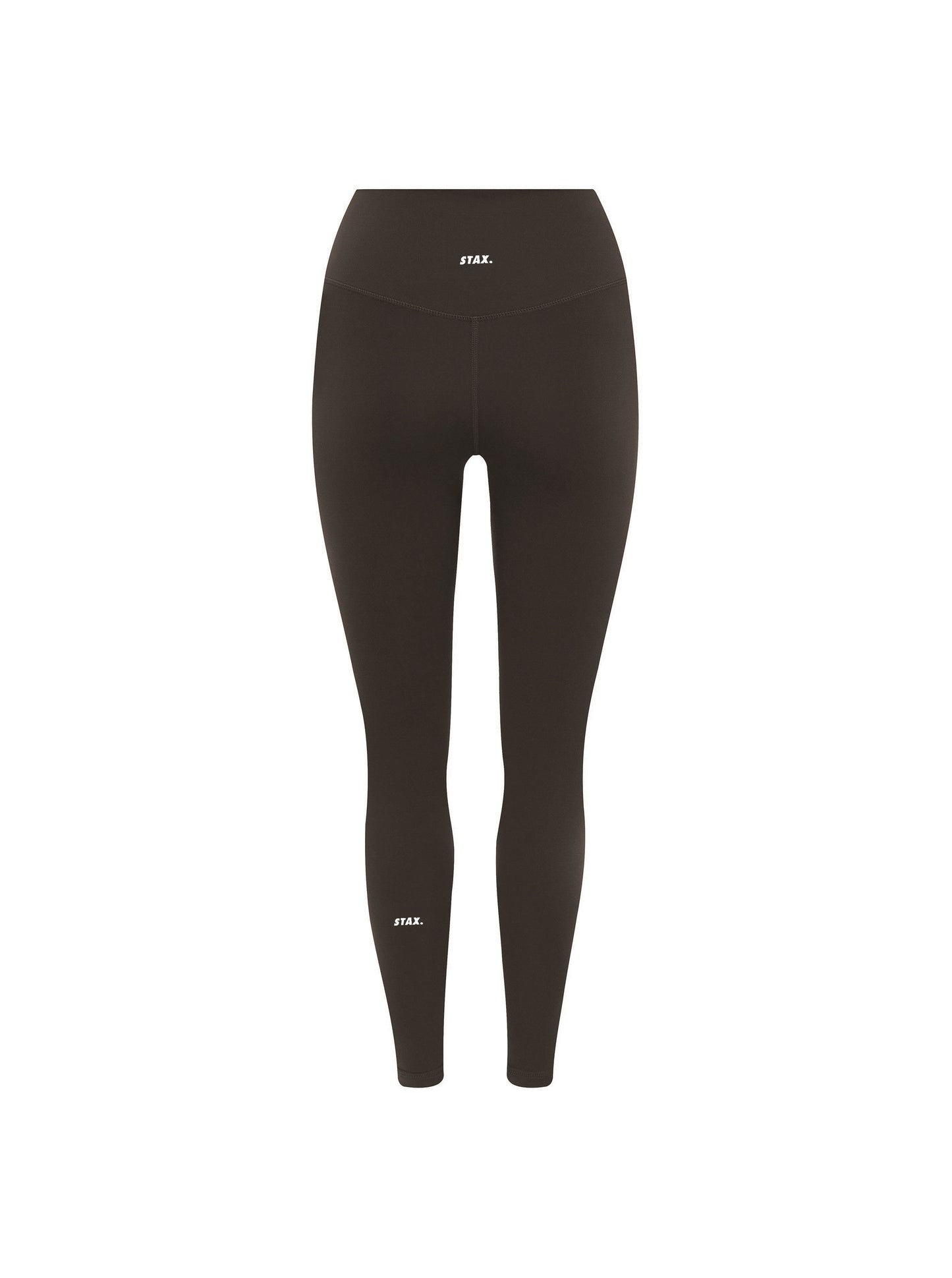 Flat lay back view of STAX. NFS (No Front Seam) 7/8 Tights NANDEX™ in Espresso showing small white logo 