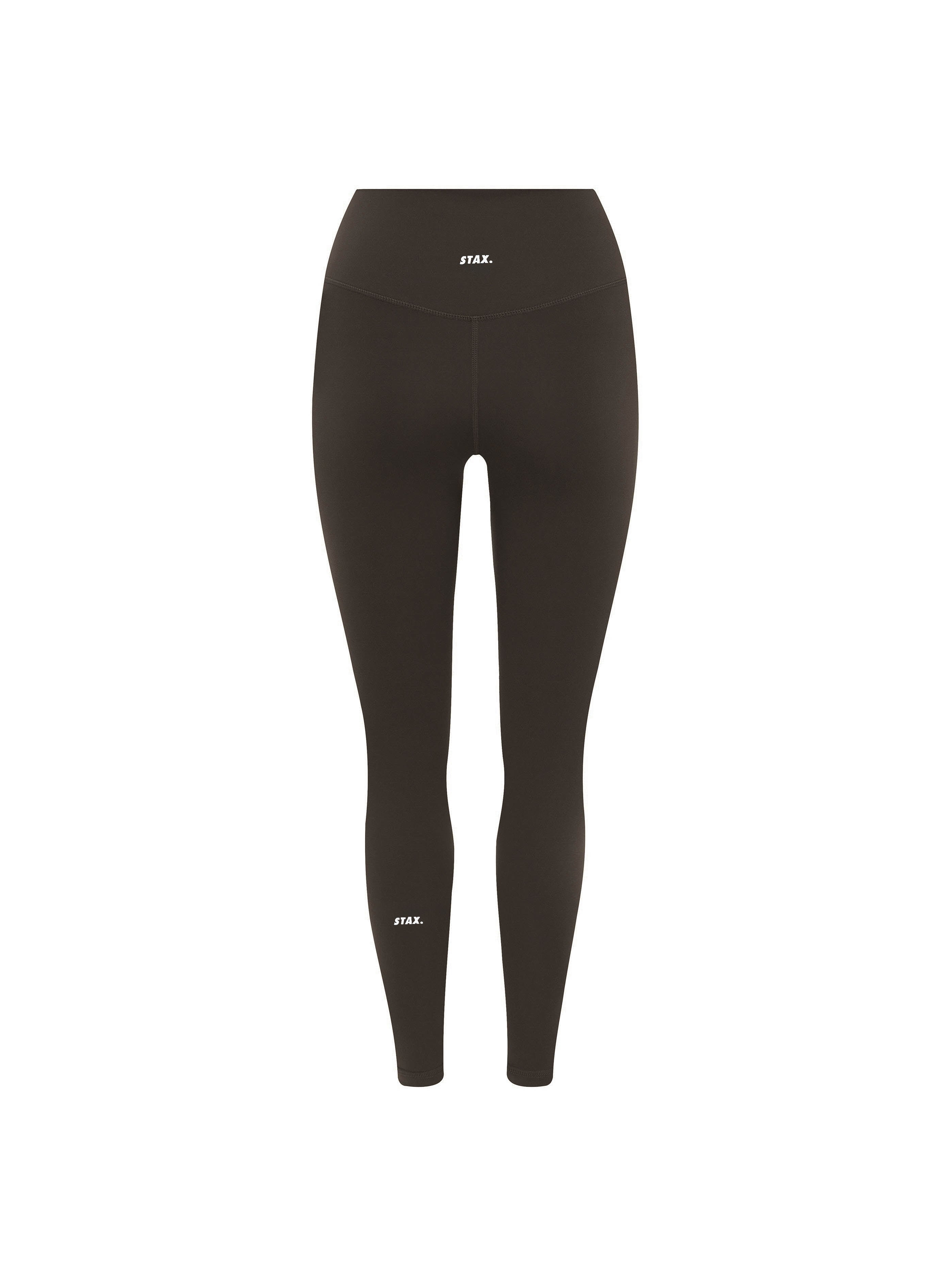 Flat lay back view of STAX. NFS (No Front Seam) 7/8 Tights NANDEX™ in Espresso showing small white logo 