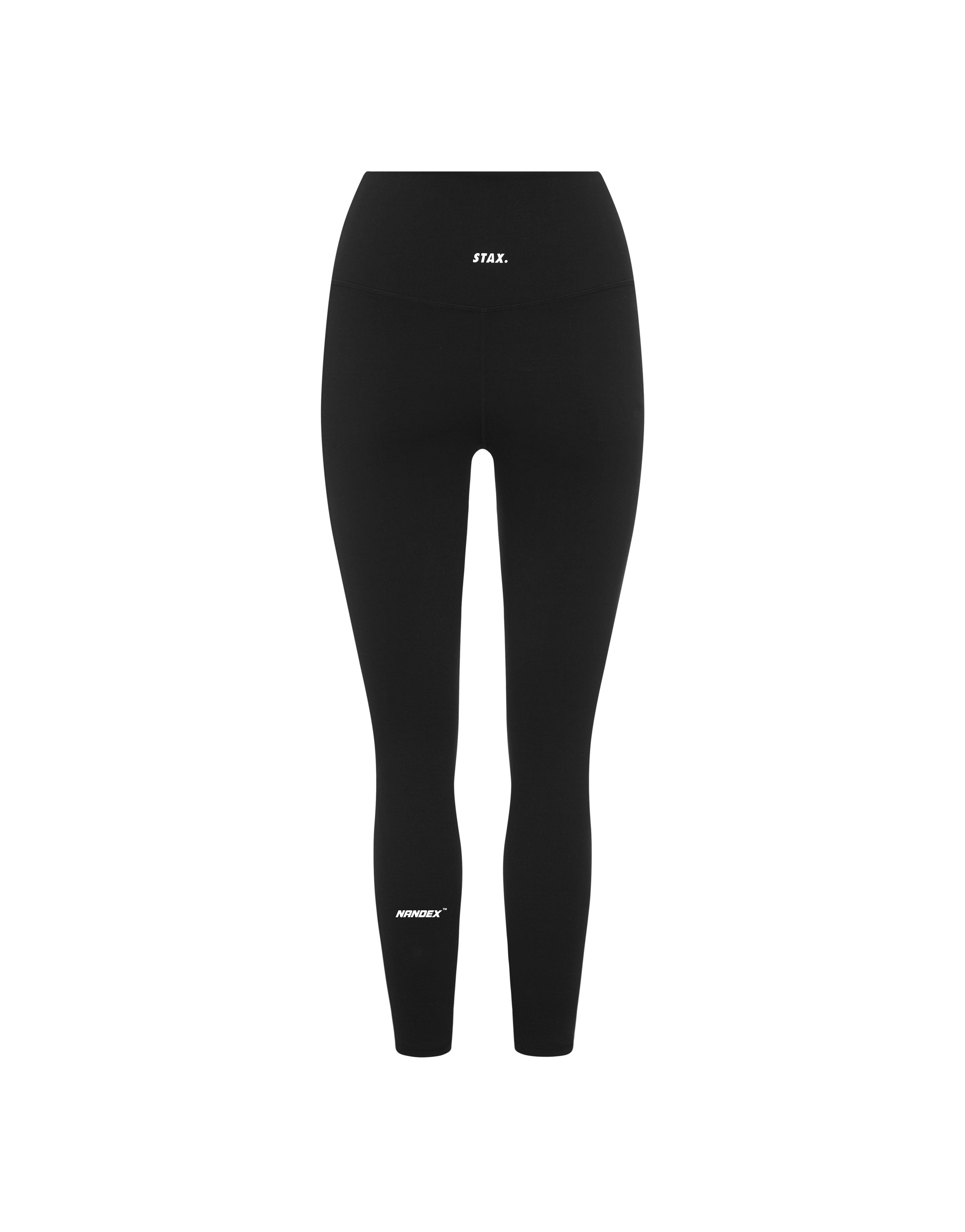 Flat lay back view of high waisted black leggings